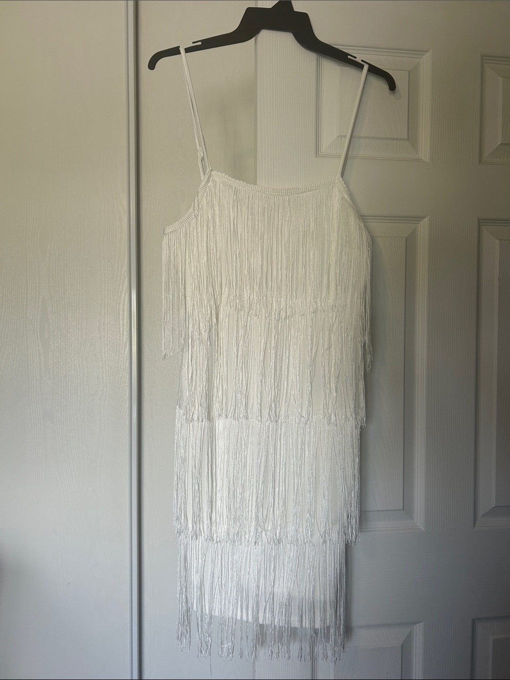 SHEIN White Fringe Tiered Spaghetti Strap Mini Dress